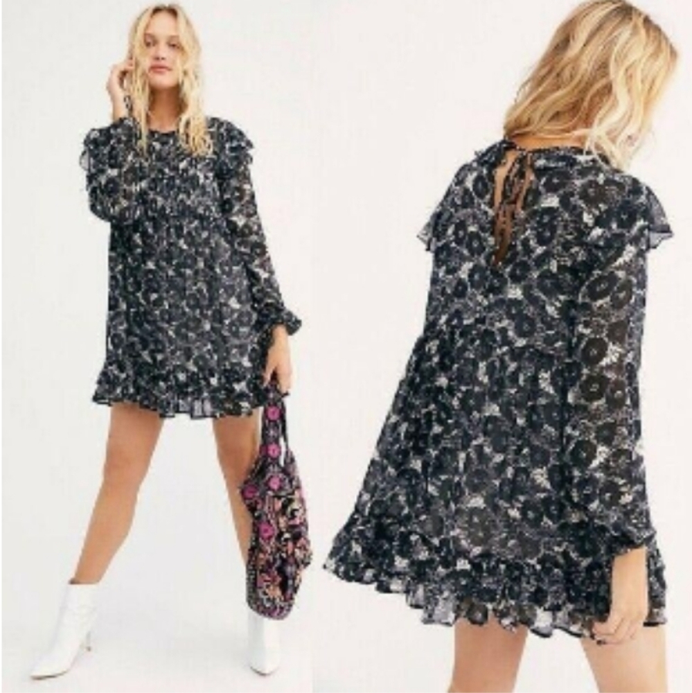 NWT Free People These Dreams Black/Wht Floral Ruffled Mini Dress w Slip - SZ XS